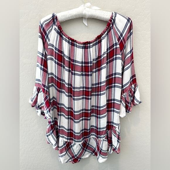 BEACH LUNCH LOUNGE | Red Plaid Ruffle Hem Peasant Top | Size Large - Picture 4 of 6